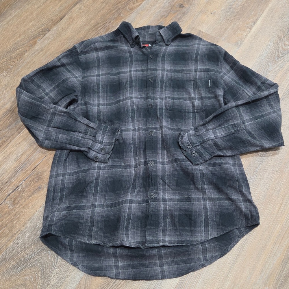 Wolverine Mens Large Grey Black Plaid Flannel Button Down Work Shirt 100% Cotton
